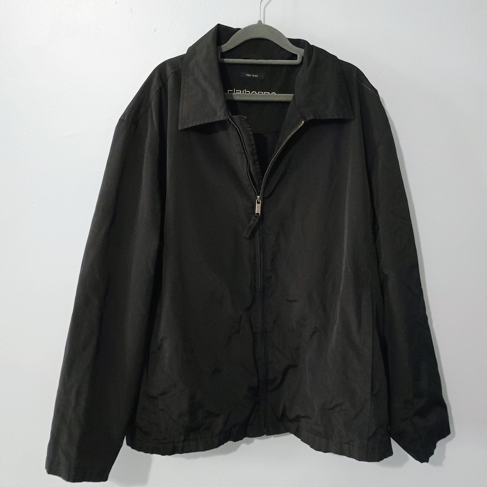 Claiborne Poly Tech Mens Full Zip Jacket Size XXL Black Lightweight Windbreaker